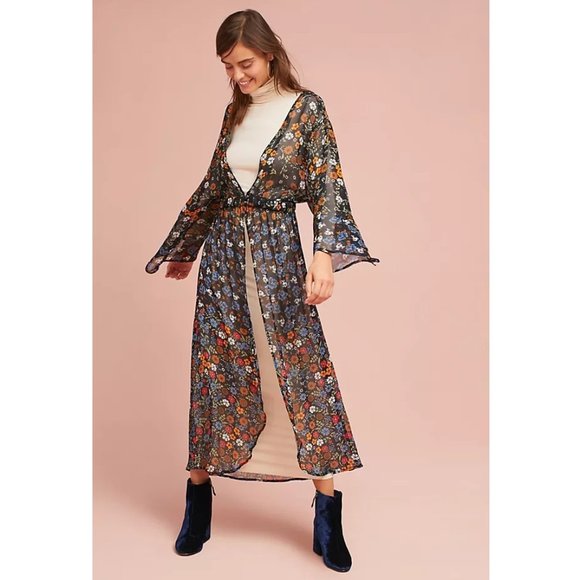 Anthropologie Primrose Kimono / One Size / Black Floral Motif Long Robe - Picture 2 of 7